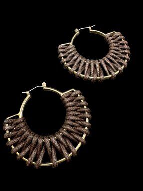 Hoop Pierced Earrings Gold Tone with Brown Woven Rope